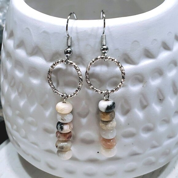 Agate Gemstone Rondelle Beads Textured Silver Ring Handcrafted Earrings - Picture 1 of 11